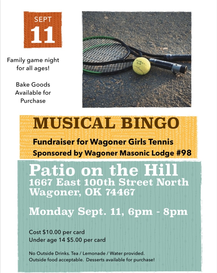 musical bingo fundraiser for girls tennis, Sept 11