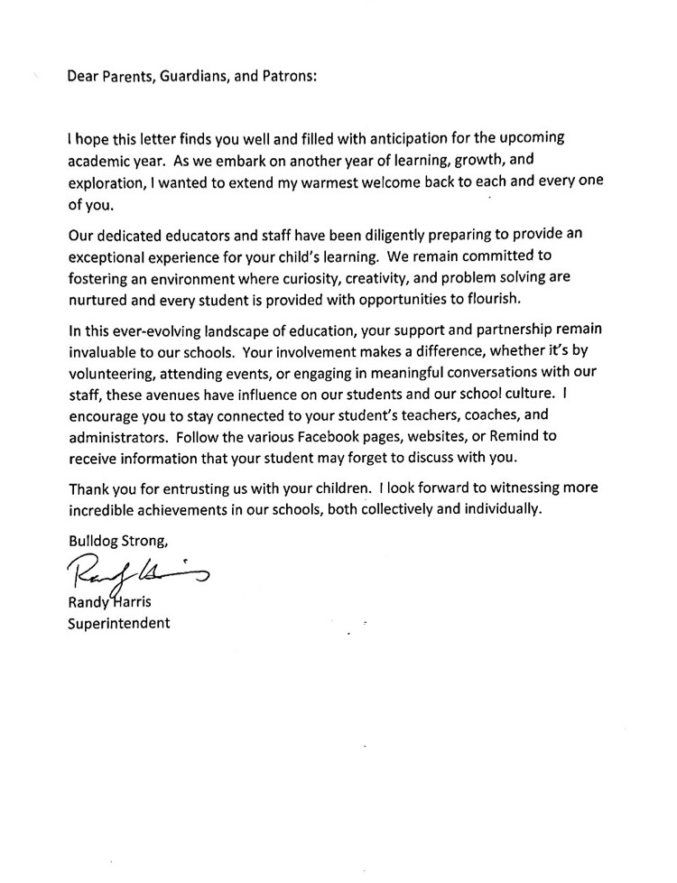 welcome back letter from the superintendent 